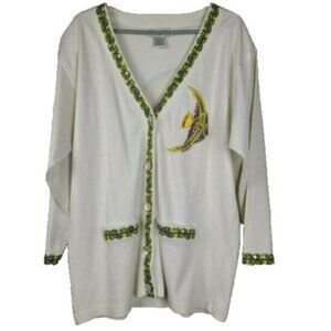Vintage Lisa Ashley Womens Wearable Art Fish Cardigan Large White Embroidered